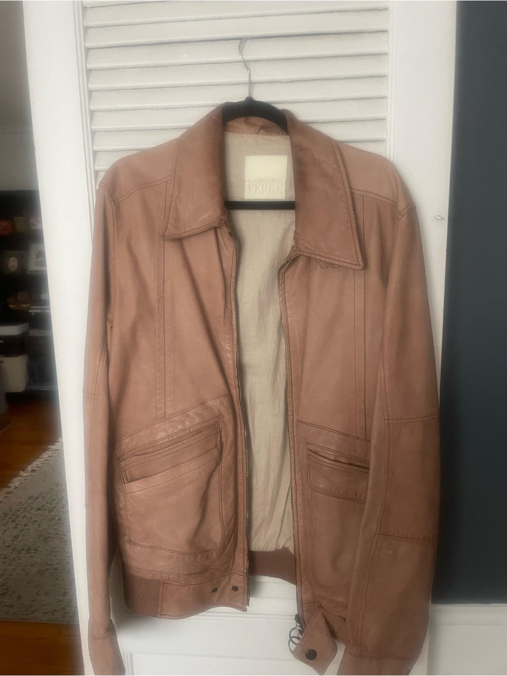 Gianfranco Ferre Men's Light Brown Leather Bomber Jacket